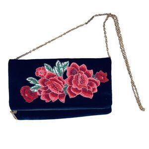 Beautiful Embroidered Patch Blue Velvet Gold Color Chain Clutch Purse Bag